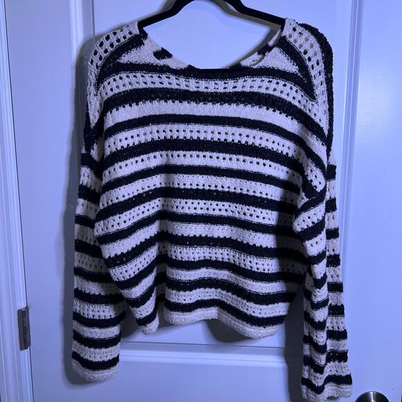 Francesca's Black Cream Striped Open Knit Sweater Women's Large Coastal - Picture 1 of 4